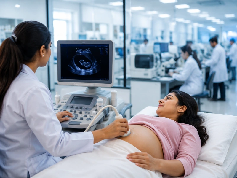 Advanced high-resolution early pregnancy ultrasound machine performing a precision early pregnancy scan to confirm embryo heartbeat and calculate exact gestational age